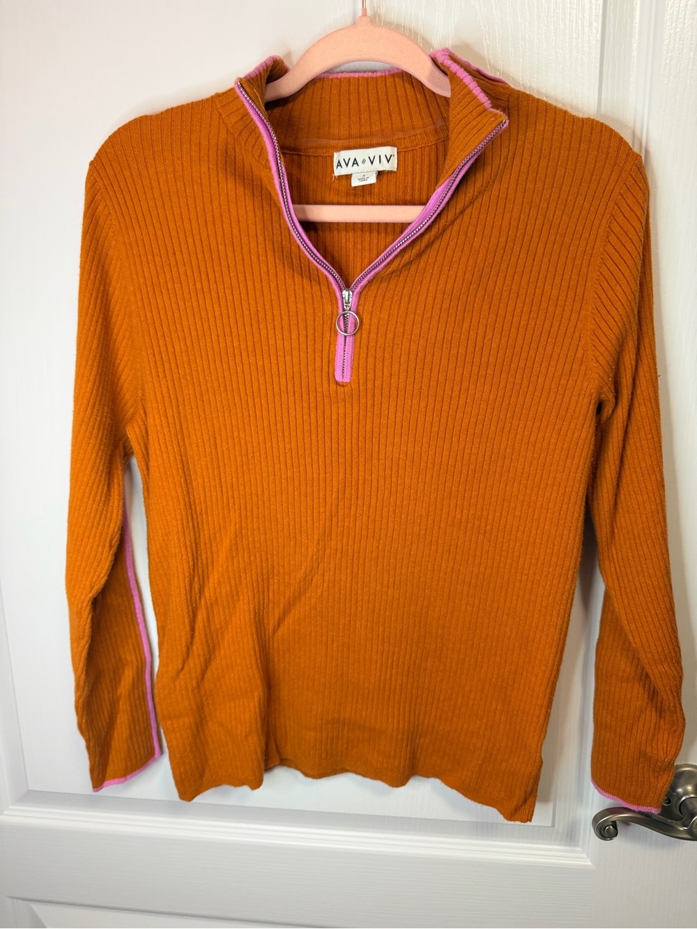 Ava & Viv Orange Ribbed Half-Zip Sweater with Pink Trim